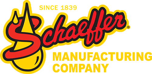 A linked red and black text logo outlined in yellow reading 'Schaeffer Manufacturing Company Since 1839' with a stylized yellow oil drop.